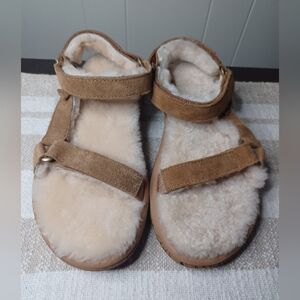 Teva Tan and Cream Fuzzy Sandals